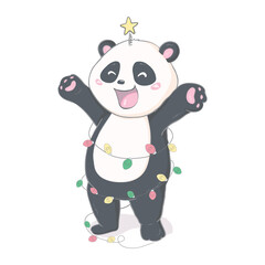 Cute cartoon panda with a red Christmas hat on a white background.