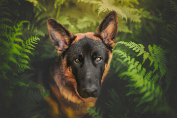 German shepherd close up portrait in the ferns, natural enviroment, intense look
