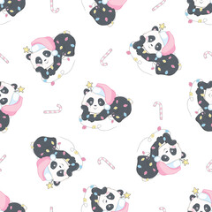 Seamless pattern with the image of a cute Panda in a cartoon style. Children vector background.