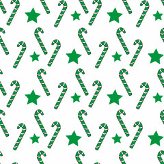Seamless pattern with christmas candies and green stars on white background. Vector image.