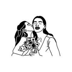 Silhouette girl giving flowers and kissing her mother