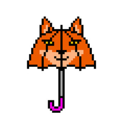 Pixel art kids' fox shape umbrella icon isolated on white background. Funny animal childrens' parasol. Rainy weather accessory. Vintage retro 80s, 90s 2d computer, video game, slot machine graphics.