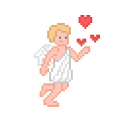 Pixel art cupid sending love hearts isolated on white background. Valentine's day 8 bit character. Boy angel. February 14 mascot. Old school vintage retro 80s-90s slot machine, video game graphics.