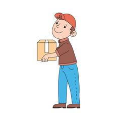 Happy smiling deliveryman with a box, cartoon character isolated on white background. Male courier with a parcel, vector illustration. Shopping service mascot. Mover with a package. Warehouse worker.