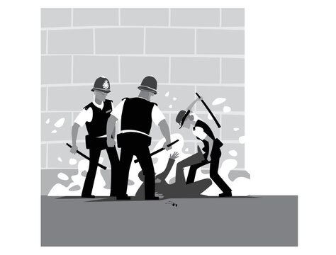 Police violence. A pack of angry cops beats a man. Vector image for prints, poster and illustrations.