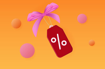 3d, voucher gift coupon. Discount or low percentage, loyalty program price tag. Advertising promotion of goods, discount. Special offer with a voucher, ticket. Purchase, sale, shopping banner. Vector 