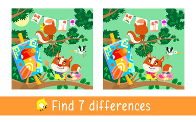 Naklejka premium Forest painting school for squirrels. Find 7 differences. Game for children. Activity, vector.