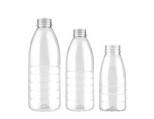 A group of identical plastic bottles of different sizes, isolate