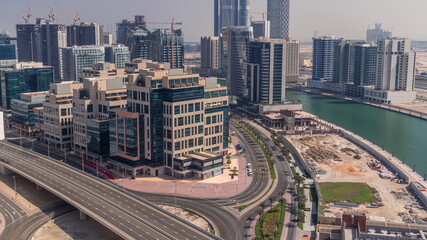 Bay Square district timelapse with mixed use and low rise complex office buildings located in Business Bay in Dubai
