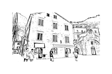 Building view with landmark of Kotor is the 
town in Montenegro. Hand drawn sketch illustration in vector.