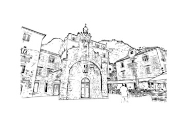 Building view with landmark of Kotor is the 
town in Montenegro. Hand drawn sketch illustration in vector.