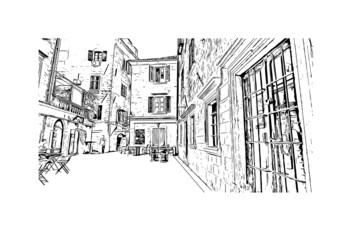 Building view with landmark of Kotor is the 
town in Montenegro. Hand drawn sketch illustration in vector.