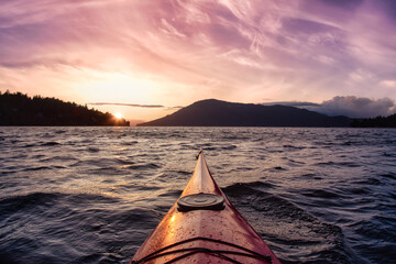 Sea Kayak paddling in the Pacific Ocean. Summer Sunset Sky Art Render. Taken near Victoria, Vancouver Islands, British Columbia, Canada. Concept: Sport, Adventure