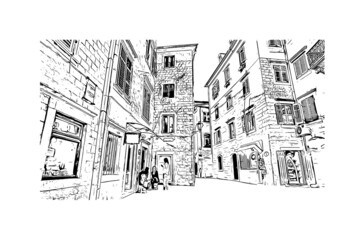 Building view with landmark of Kotor is the 
town in Montenegro. Hand drawn sketch illustration in vector.