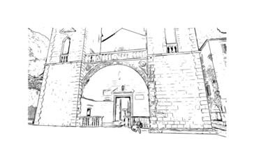 Building view with landmark of Kotor is the 
town in Montenegro. Hand drawn sketch illustration in vector.