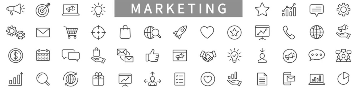 Marketing line icons set. Advertising icon collection. Marketing symbol set. Vector illustration