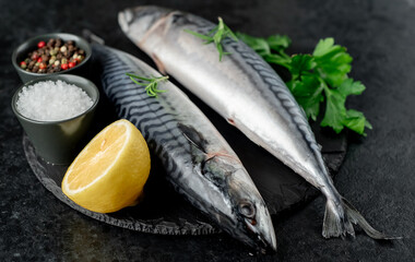 raw mackerel with spices on a stone background