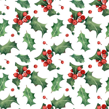 Seamless christmas holly berries pattern. Watercolor background with green leaves, red berry for new year and winter holidays decor, textile, wrapping paper