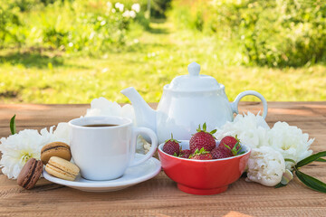 Tea time in summer garden concpet; White tea pot and cup with tea or coffee, french macaroons, bowl with strawberries and white peonies on rustic wooden table in the garden on sunny day