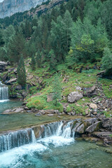 Waterfall with forest in the background called Gradas de Soaso in Monte Perdido National Park
