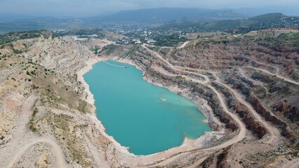 A turquoise heart-like lake in a former quarry near Sevastopol