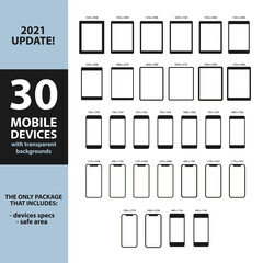 2021 Update - All Apple devices with transparent backgrounds. Vector devices and smartphones in front view - Set with 30 iPhone, iPad, iPod templates with specs and safe area over blank screen  - obrazy, fototapety, plakaty