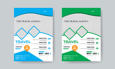 Travel flyer template design with contact and venue details. Summer travel agency promotion template design