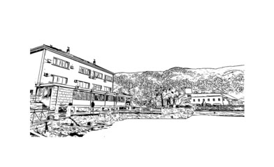 Building view with landmark of Kotor is the 
town in Montenegro. Hand drawn sketch illustration in vector.