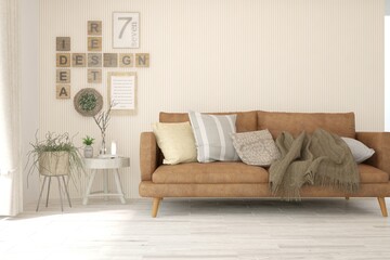 White living room with leather sofa. Scandinavian interior design. 3D illustration