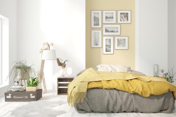 Yellow color bedroom interior. Scandinavian design. 3D illustration