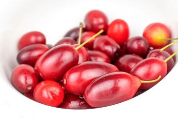 Several bright red ripe dogwood berries in a ceramic bowl, close-up, isolated on white.