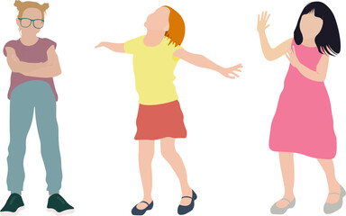 Ni&ntilde;as de pie diferentes gestos. fondo transparente