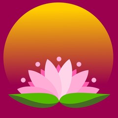 Pink lotus with green leaves on red and orange background