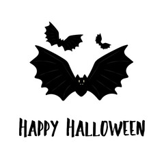 Obraz premium Holiday square poster with quote Happy Halloween and funny black bats in white background. Halloween vector flat illustration with cute flittermouses for print.