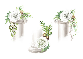 Winter wedding decor set, Bouquet on the capital of the column. Hand drawn watercolor  illustration,  isolated on white background