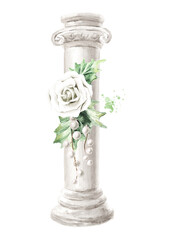 Winter wedding decor, Bouquet on the column. Hand drawn watercolor illustration isolated on white background