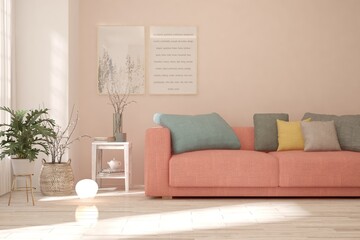 Pink living room with sofa. Scandinavian interior design. 3D illustration