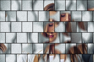 mosaic portrait of a brunette teenager girl, shattered identity concept