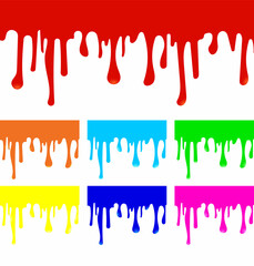 Multi-colored melt drips or liquid paint drops isolated on white background. Design elements of colorful liquid flow, flowing ink drips. Flat. Vector illustration