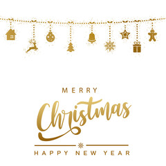 Happy New Year illustration with hanging golden Xmas ornaments. Vector