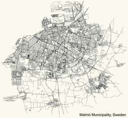 Fototapeta na wymiar Detailed navigation urban street roads map on vintage beige background of the Swedish regional capital city of Malmö Municipality, Sweden