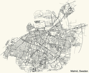 Detailed navigation urban street roads map on vintage beige background of the Swedish regional capital city of Malmö, Sweden