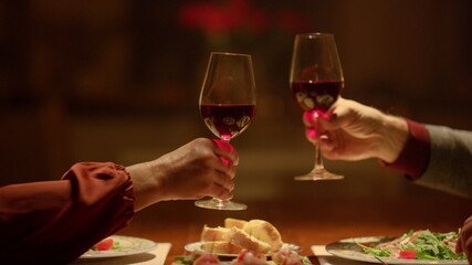 Closeup clinking wine glasses in senior couple hands. Grandparents toasting wine