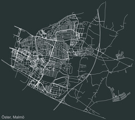 Detailed negative navigation urban street roads map on dark gray background of the quarter Öster (East) district of the Swedish regional capital city of Malmö, Sweden