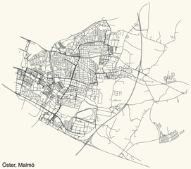 Detailed navigation urban street roads map on vintage beige background of the quarter Öster (East) district of the Swedish regional capital city of Malmö, Sweden