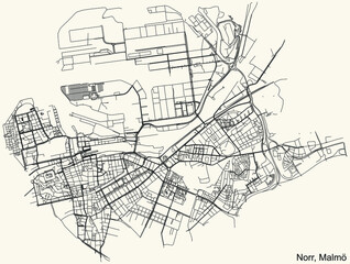 Detailed navigation urban street roads map on vintage beige background of the quarter Norr (North) district of the Swedish regional capital city of Malmö, Sweden