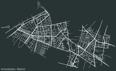 Detailed negative navigation urban street roads map on dark gray background of the quarter Innerstaden (Inner City) district of the Swedish regional capital city of Malmö, Sweden