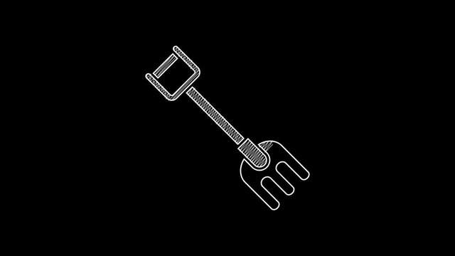 White line Garden rake icon isolated on black background. Tool for horticulture, agriculture, farming. Ground cultivator. Housekeeping equipment. 4K Video motion graphic animation