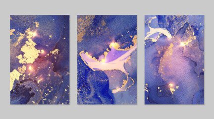 Marble set of gold, purple and blue backgrounds with texture. Geode pattern with glitter. Abstract vector backdrops in fluid art alcohol ink technique. Modern paint with sparkles for flyers