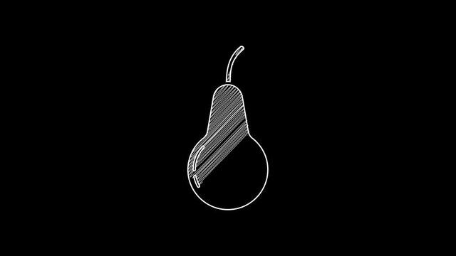 White line Pear icon isolated on black background. Fruit with leaf symbol. 4K Video motion graphic animation